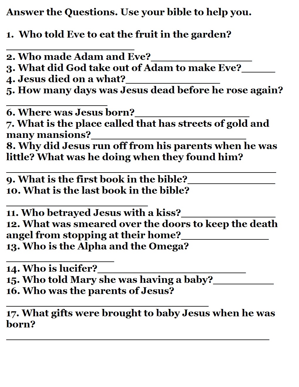 Bible Knowledge Quiz Printable